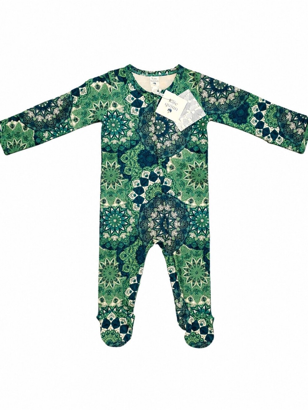 Kate Quinn Cotton Zippered Footie In Green Mandala Size 6-9 Months NWT